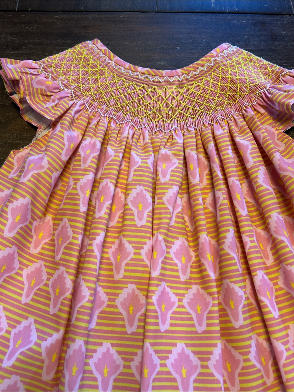 Ann Reeves Smocked Pink/Yellow Pattern Flutter Sleeve Top